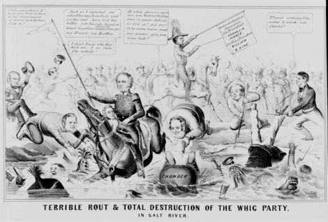 Franklin Pierce (center) sits on his horse, holding aloft a banner bearing his and running mate William R. King's names. His troops rally around him--the party rank and file. Scott's forces are in chaos, routed into Salt River, the figurative stream of political disaster. Holding aloft a shredded banner, Scott (center) rides into the water with supporter William Seward holding tight to his horse's neck.