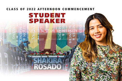 Shakira Rosado graphic in front of flags on steps of Boyden Hall