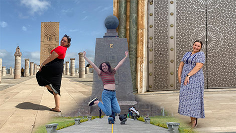 BSU students pose in front of landmarks in Morocco and Ecuador.