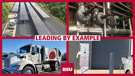A collage showing solar panels, insulation, a trash truck, an electric vehicle charging station, and the text Leading By Example