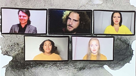 Students act on screen during Antigone Ablaze