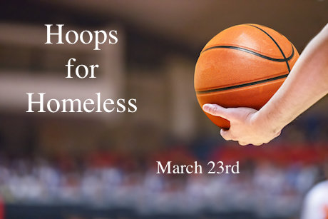 A hand holds a basketball; the test reads "Hoops for Homeles A hand holds a basketball; the test reads "Hoops for Homeles