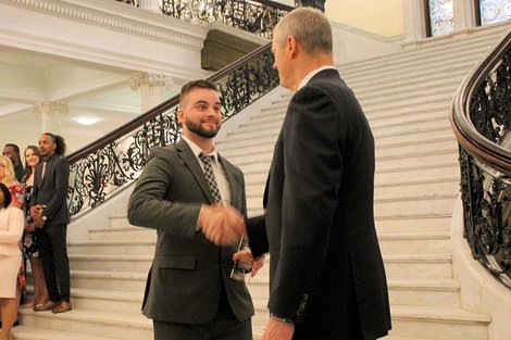 Daniel Moriarty, ’19, is recognized by Gov. Charlie Baker. Daniel Moriarty, ’19, is recognized by Gov. Charlie Baker.