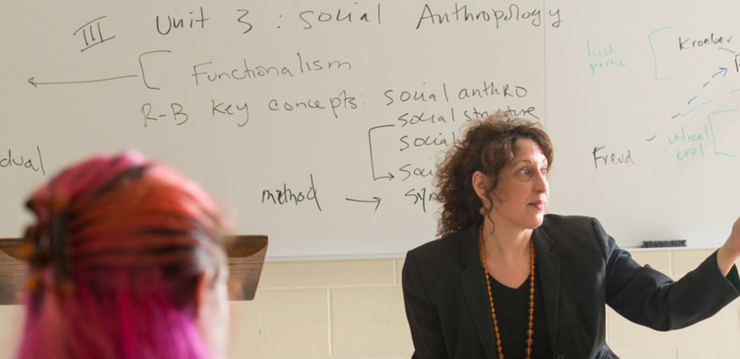 Professor teaching Social Anthropology in front of a white board with notes from her teaching and the backs of students in the foreground